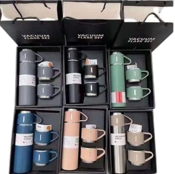 ThermoSip Premium Vacuum Stainless Steel Flask Set – Mixed Colours, Gift Pack with Mugs