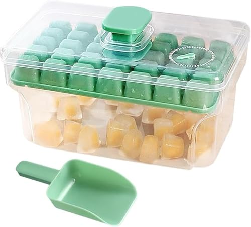 ChillEase Easy Press Ice Tray Container – Stackable Covered Ice Box with Scoop (Quick Release Design)