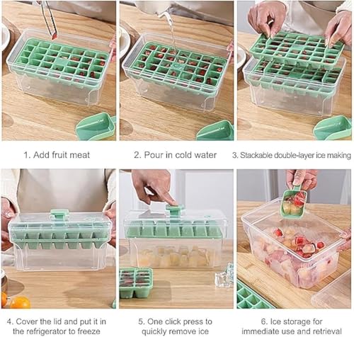 ChillEase Easy Press Ice Tray Container – Stackable Covered Ice Box with Scoop (Quick Release Design)