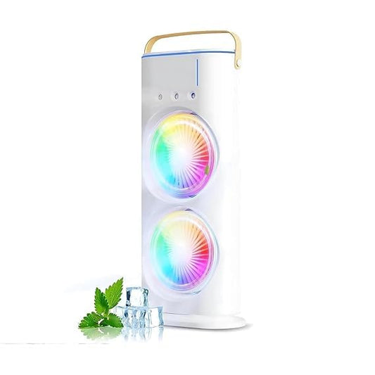 BreezeGlow Double-End Air Cooler Mist Fan – Dual LED Cooling Blower with Portable Handle, Humidifier, and Colorful Light